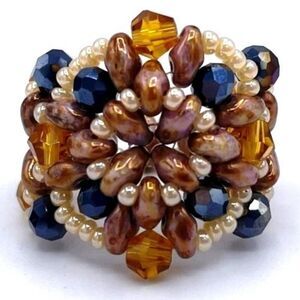 Brown and Cream Picasso with Topaz Crystal Beaded Statement Ring Size 6